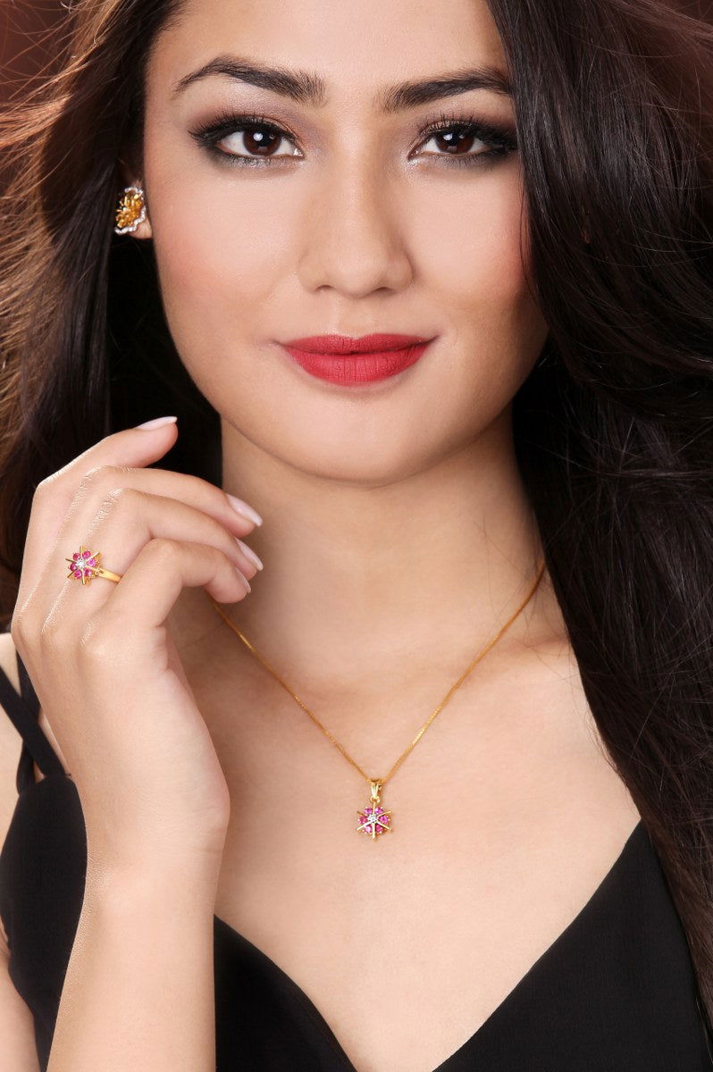 18K YG Prong Bar Set Small Ruby Classic Nakshatra  Women Diamond Pendant - 1pc - RB Diamond Jewellers