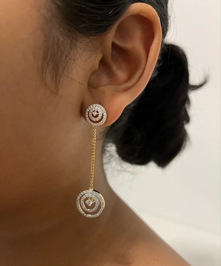 18K YG Prong Set Double Circle Women Diamond Danglers Earring-1Pair - RB Diamond Jewellers