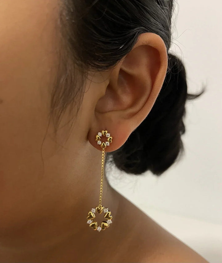 18K YG Prong Set Heart circle Women Diamond Dangler Earring-1Pair - RB Diamond Jewellers
