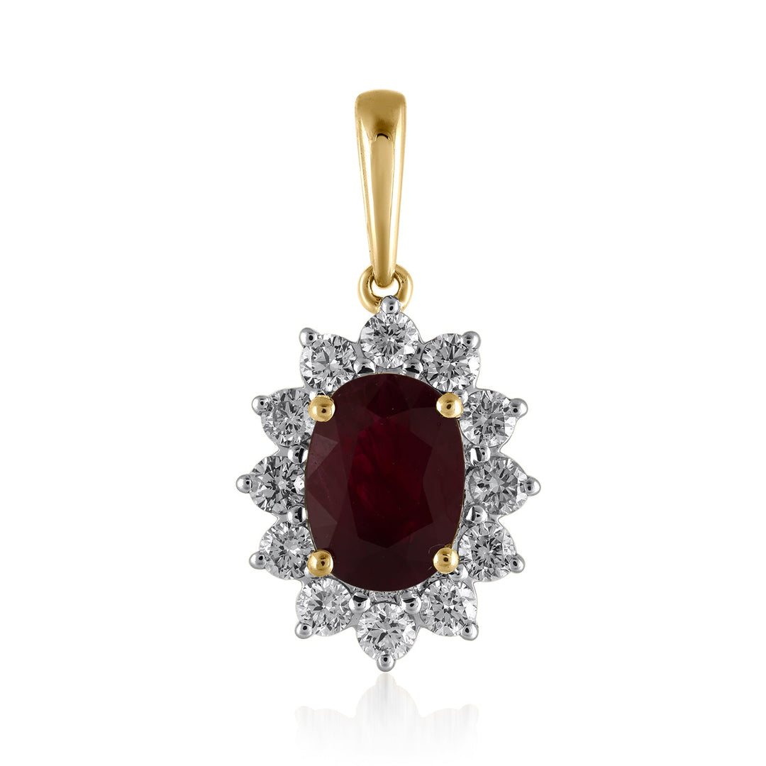 18K YG Cluster Diamond with Ruby Pendant-1pc - RB Diamond Jewellers