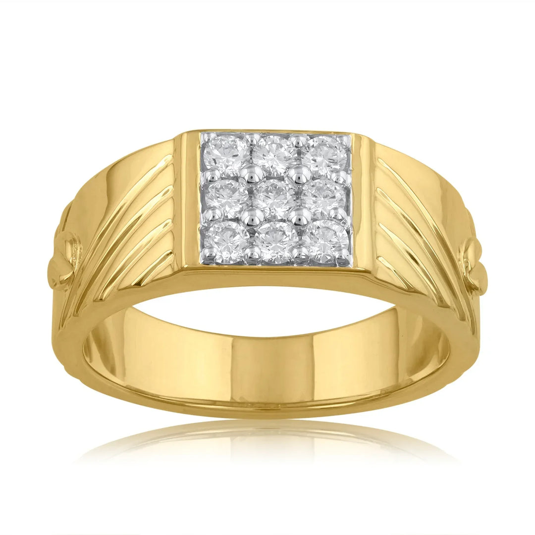 18K YG Grain Set Tripe Grooved Classic Men Diamond Ring-1PC - RB Diamond Jewellers
