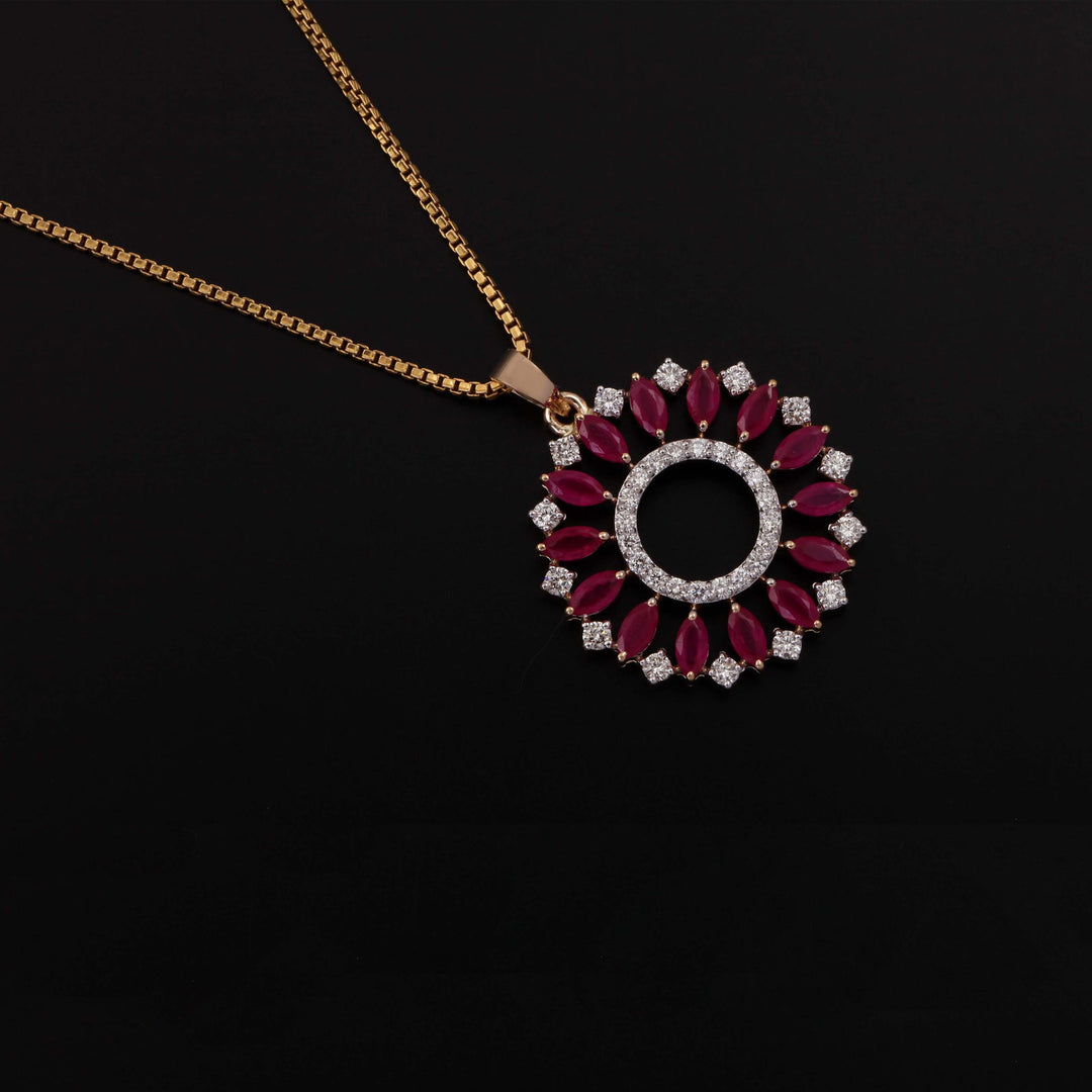 18K YG Round Ruby Circle Women Diamond Pendant - 1 pc - RB Diamond Jewellers