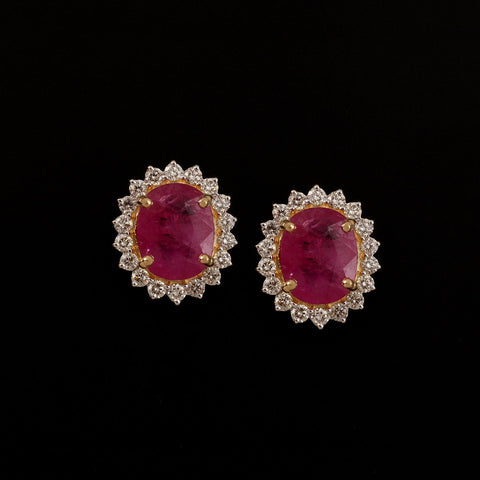 18K YG Women Big Stud Diamond with Ruby Earring-1pair - RB Diamond Jewellers