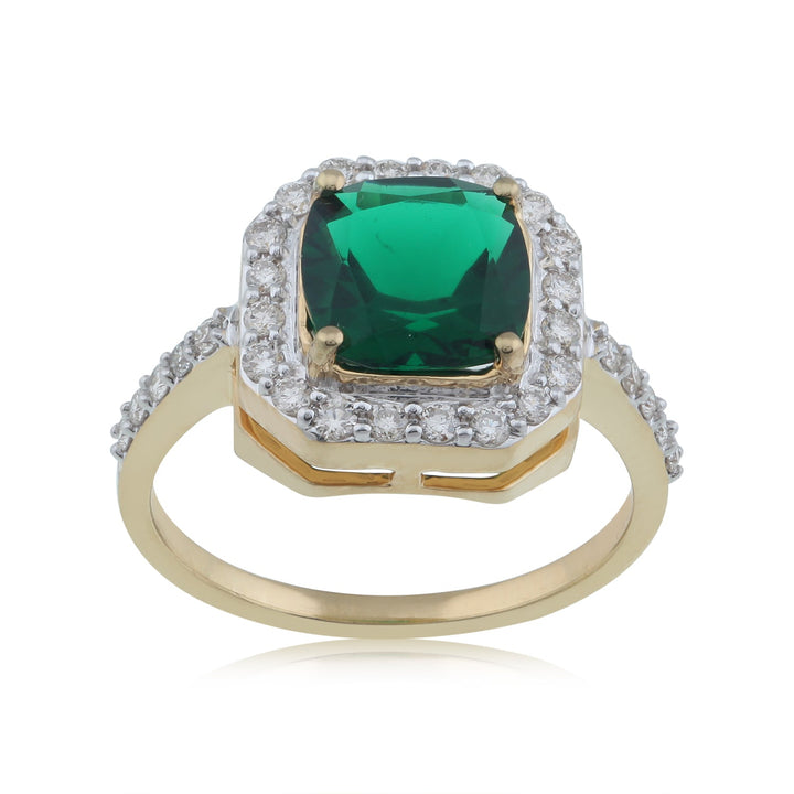 18K YG Women Glass Filled Green Emerald with Diamond Ring-1pc - RB Diamond Jewellers