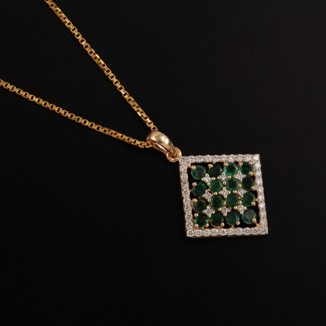 18K YG Women Rhomus Diamond with Emerald Pendant-1pc - RB Diamond Jewellers