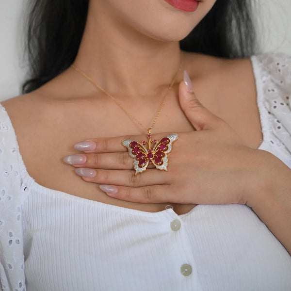 14K YG 2 in 1 Butterfly Ruby Diamond Pendant - 1 pc