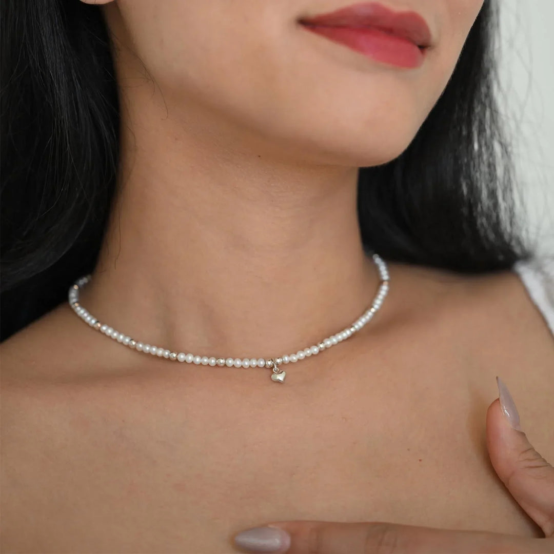 Pearl Heart Charm Sterling Silver Necklace -1Pc