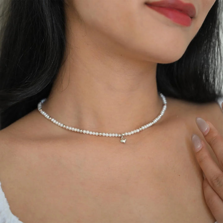 Pearl Heart Charm Sterling Silver Necklace -1Pc