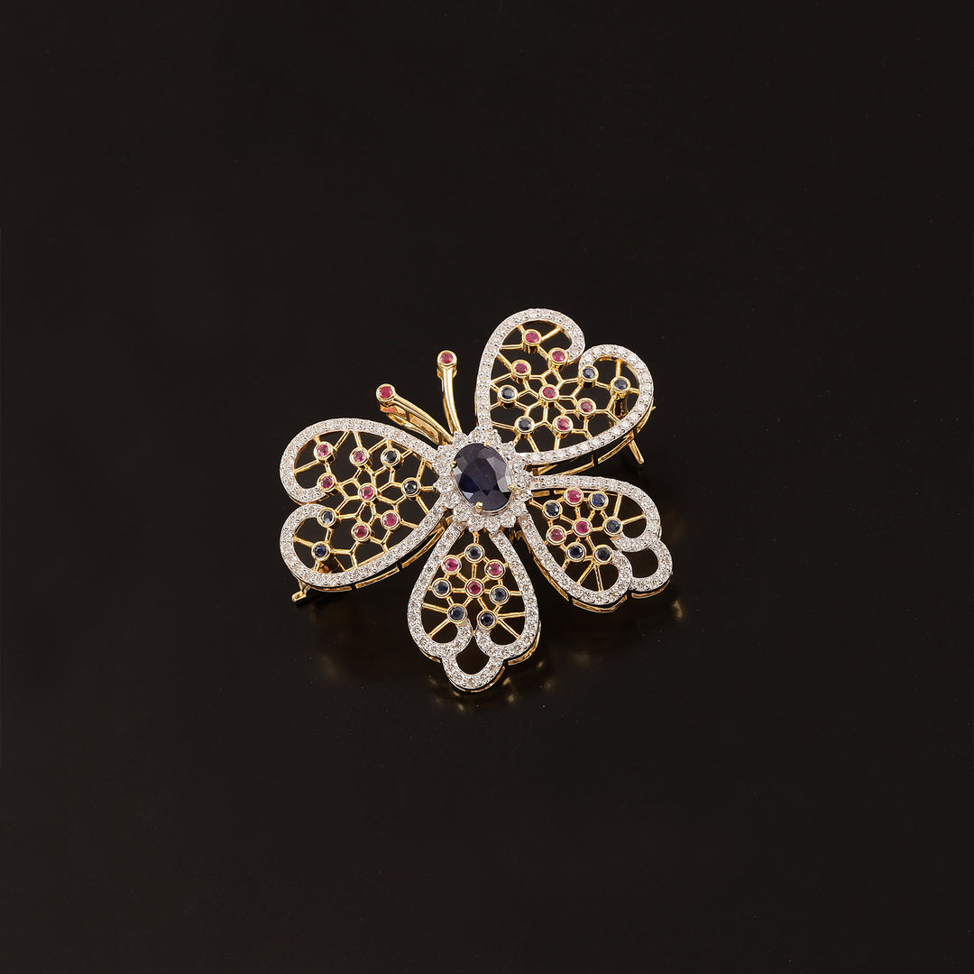 9K YG Fancy Diamond with Ruby Brooch-1pc