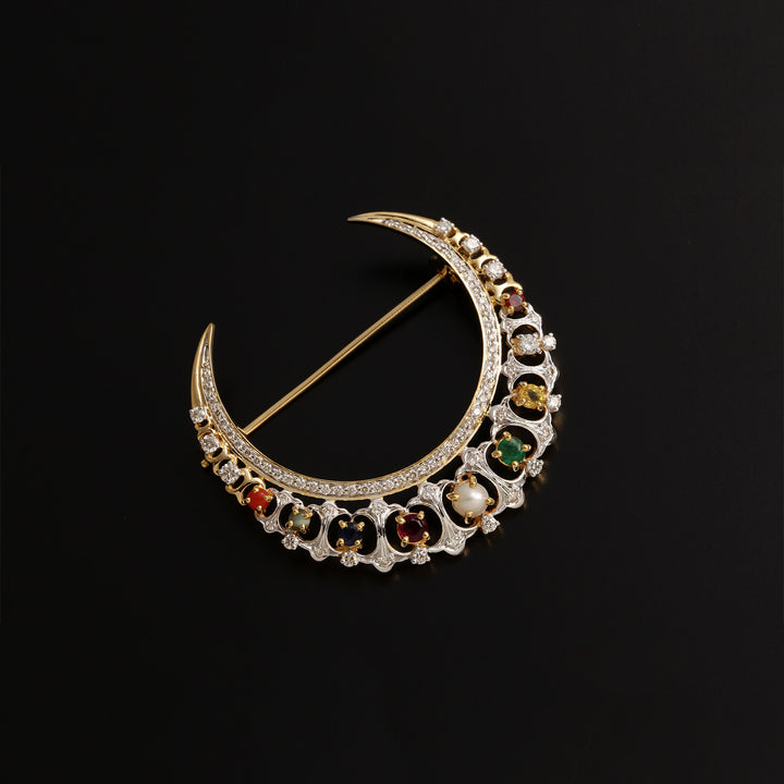 9K YG Fancy Diamond with Navaratna Brooch-1pc