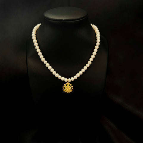 22K YG Women Ganesh Pendant Pearl Mala Necklace-1pc