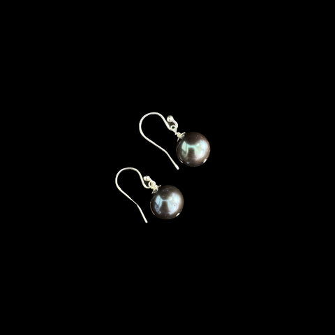 10mm Black FW Pearl Sterling Silver Hook Dangler Earring-1pair