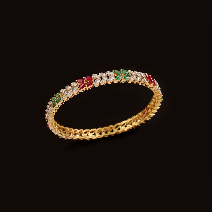 9K YG Fancy Diamond with Emerald and Ruby Bangle-1pc