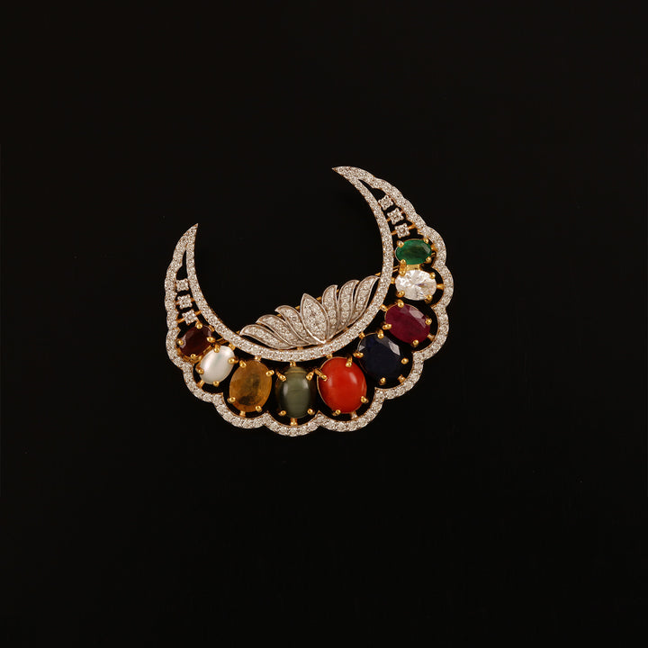9K YG Fancy Diamond with Navaratna Brooch-1pc
