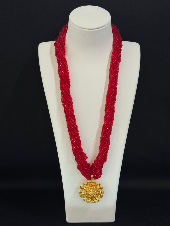 22K YG Flower Red Crystal Pote Pendant-1pc