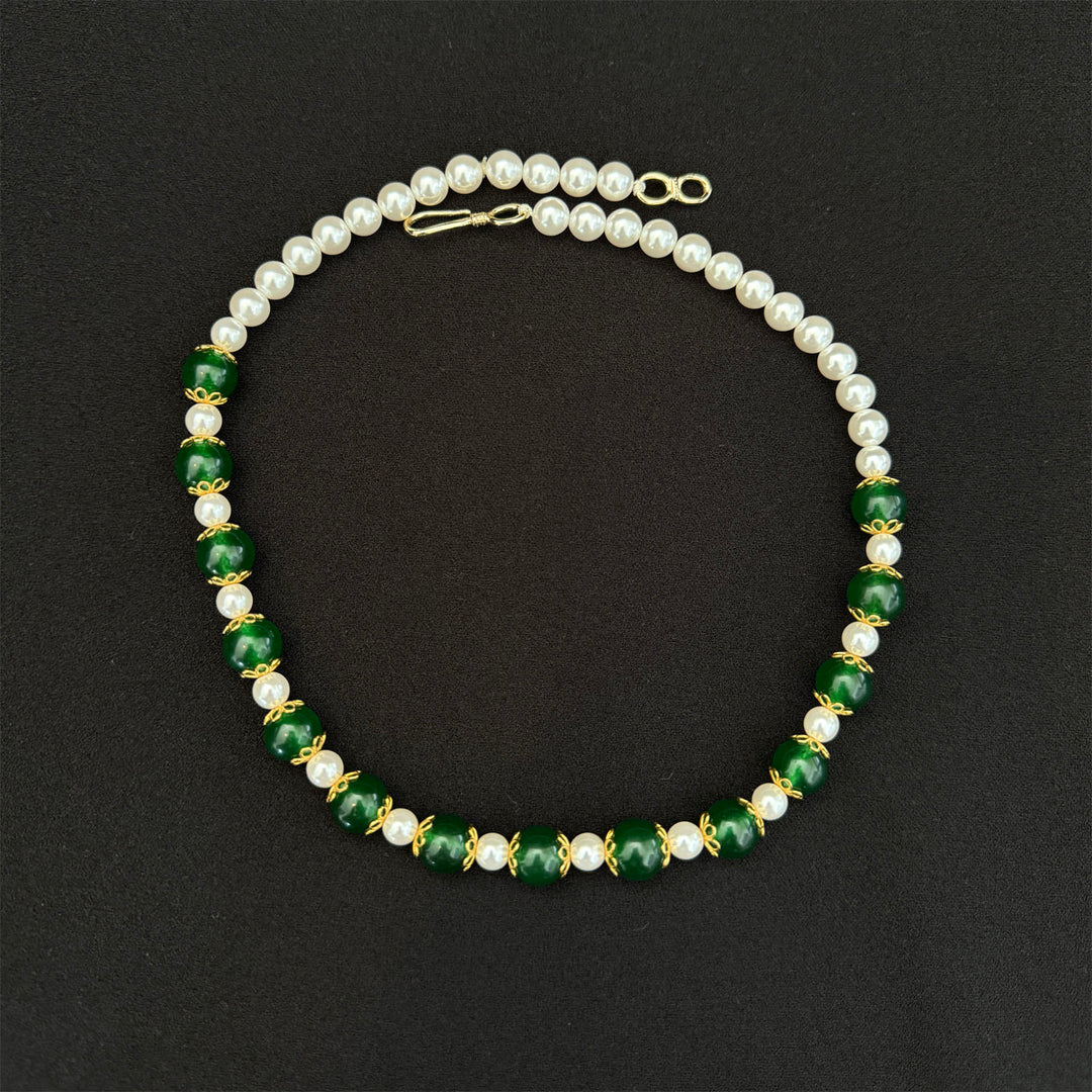 22K YG Simulant Pearl with Green stone Necklace-1pc