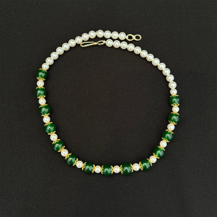 22K YG Simulant Pearl with Green stone Necklace-1pc