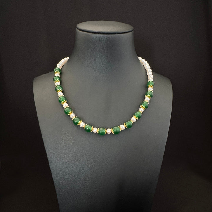 22K YG Simulant Pearl with Green stone Necklace-1pc
