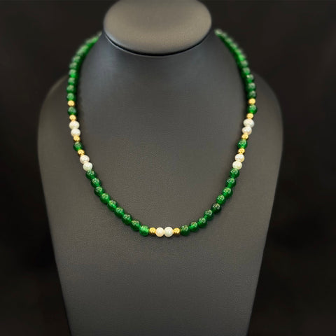 22K YG FW Pearl with Green stone Mala Necklace-1pc