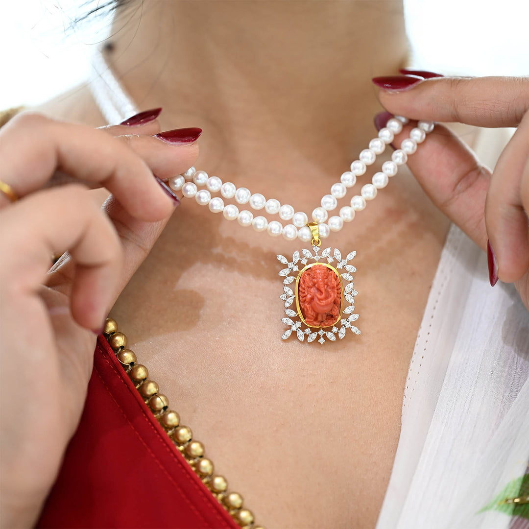 14K YG Coral Ganesh FWP Pearl Necklace-1pc