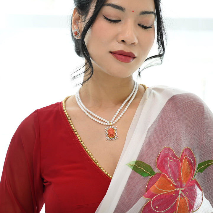 14K YG Coral Ganesh FWP Pearl Necklace-1pc