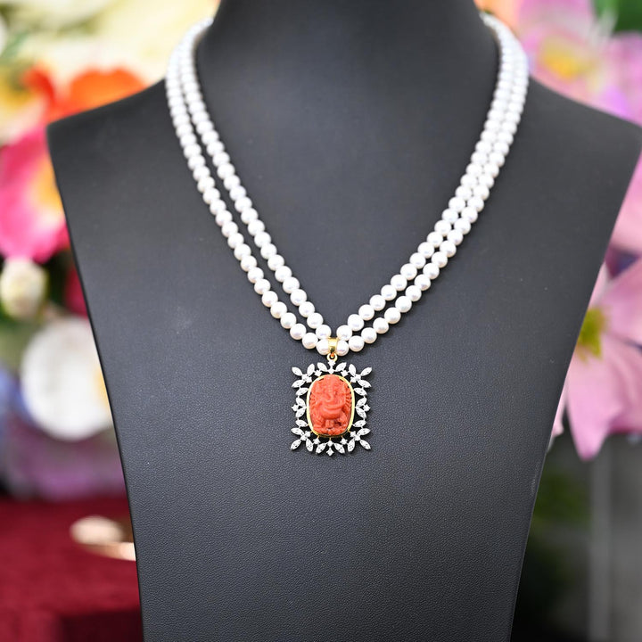 14K YG Coral Ganesh FWP Pearl Necklace-1pc