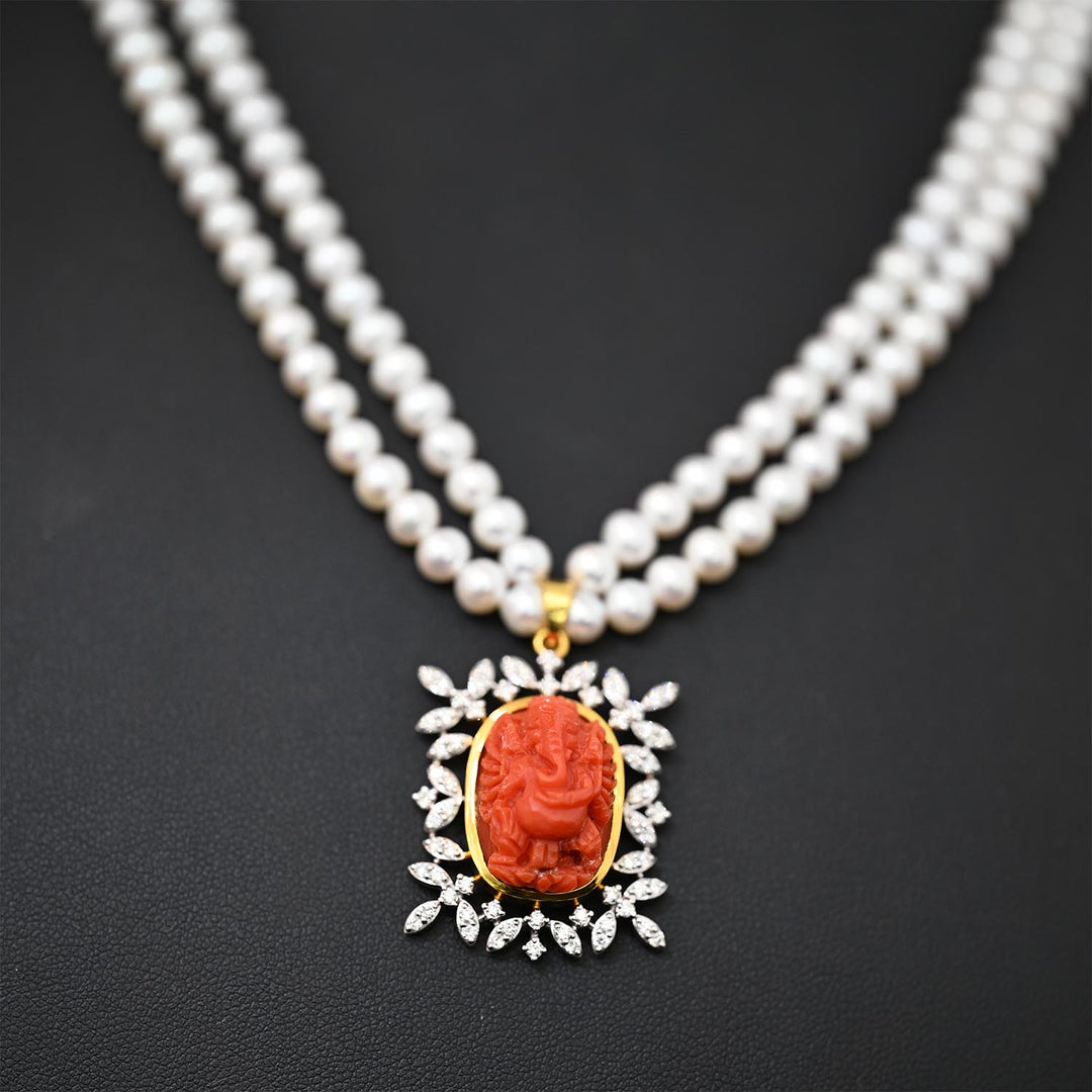 14K YG Coral Ganesh FWP Pearl Necklace-1pc