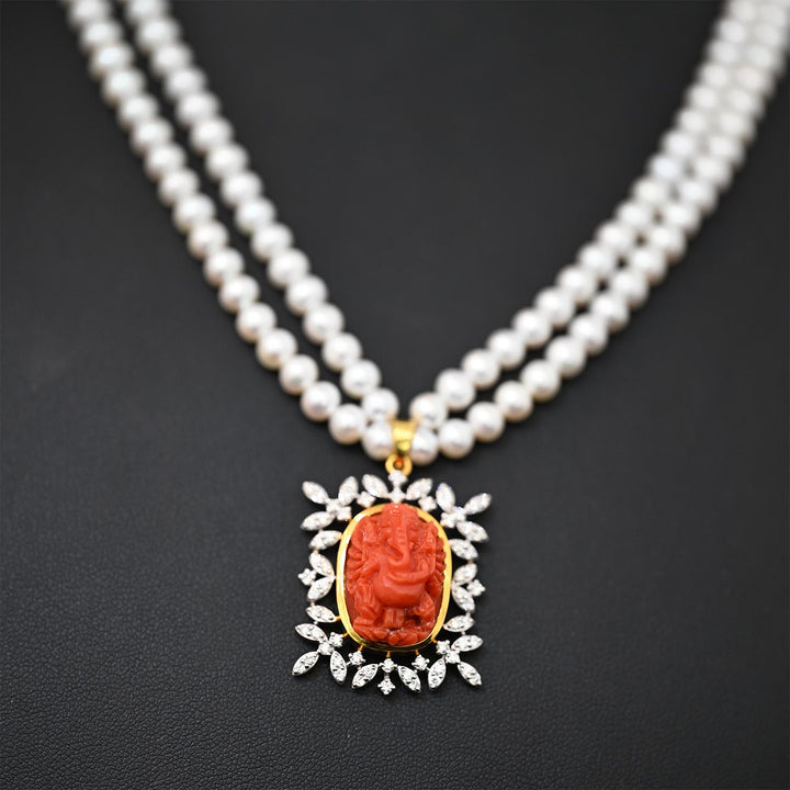 14K YG Coral Ganesh FWP Pearl Necklace-1pc