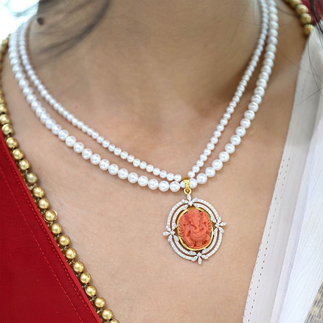 14K YG Coral Ganesh FWP Pearl Necklace-1pc