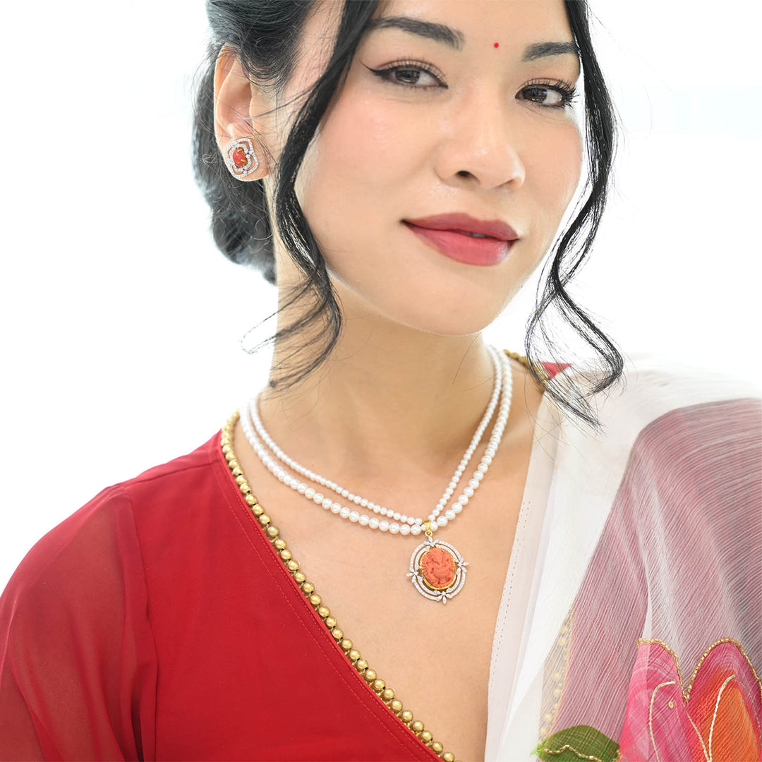 14K YG Coral Ganesh FWP Pearl Necklace-1pc
