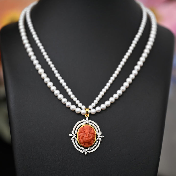 14K YG Coral Ganesh FWP Pearl Necklace-1pc