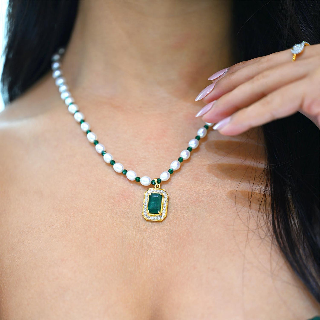 18K YG Emerald Diamond FWP Necklace-1pc