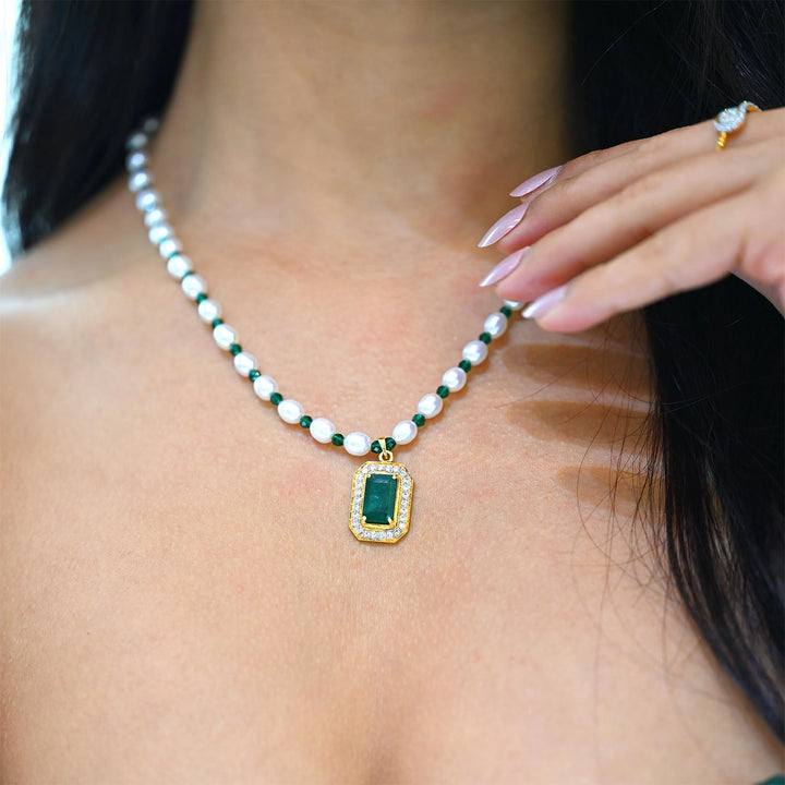 18K YG Emerald Diamond FWP Necklace-1pc