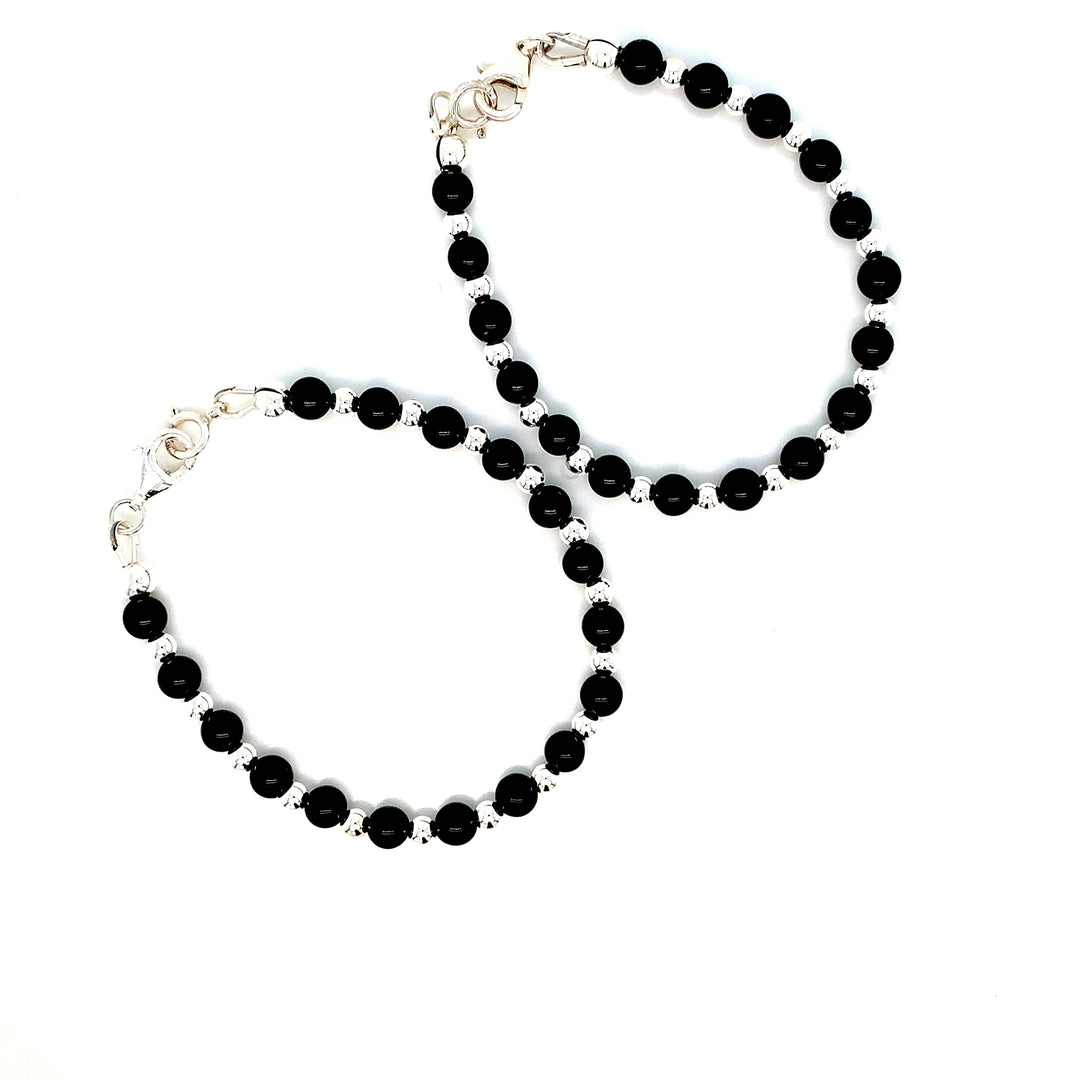 4mm Onyx 3mm Sterling Silver Ball Bracelet-1pair