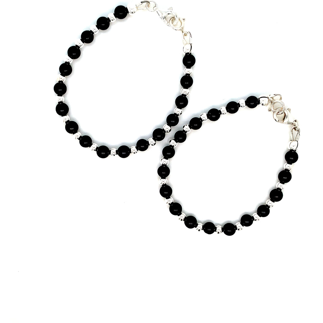 4mm Onyx 3mm Sterling Silver Ball Bracelet-1pair