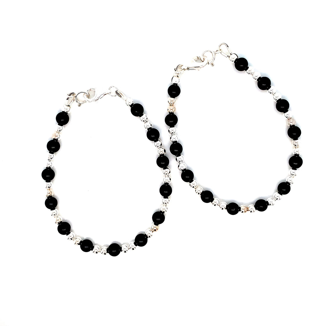 4mm Onyx 3mm Sterling Silver Ball Bracelet-1pair
