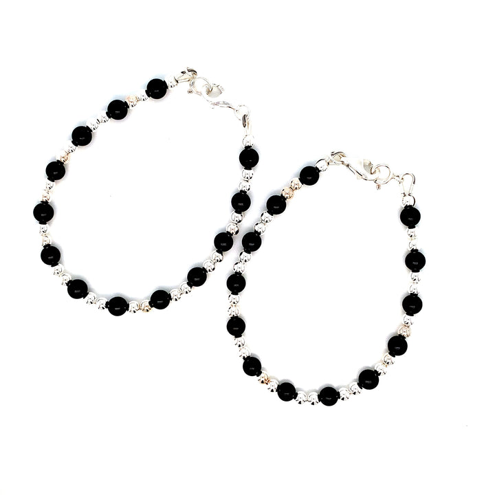 4mm Onyx 3mm Sterling Silver Ball Bracelet-1pair