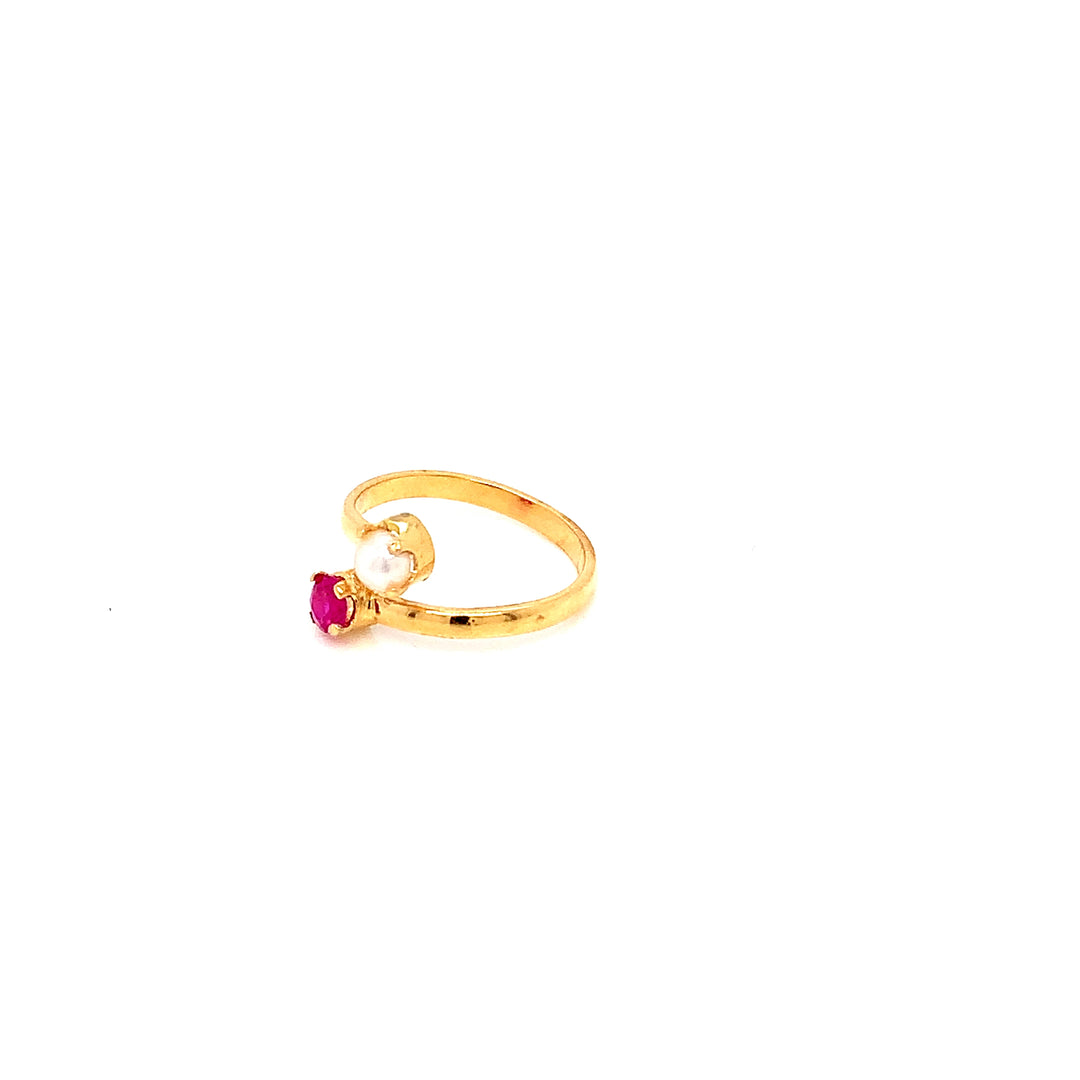 22K YG Red Stone, Pearl Ring-1pc