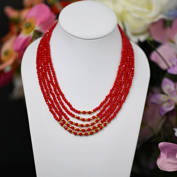 22K YG 5 Layer Red Crystal Mala Chandrahaar-1pc