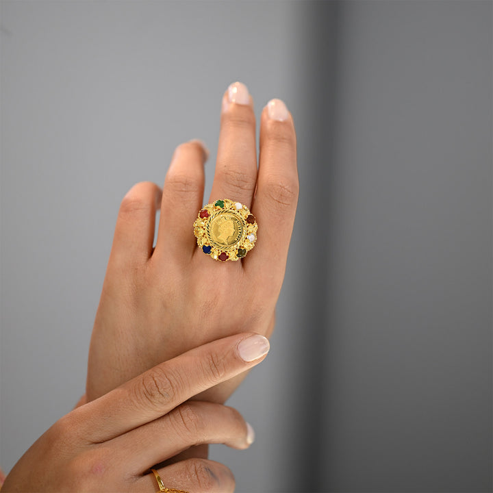 22K+24K YG Stone Coin Ring-1pc