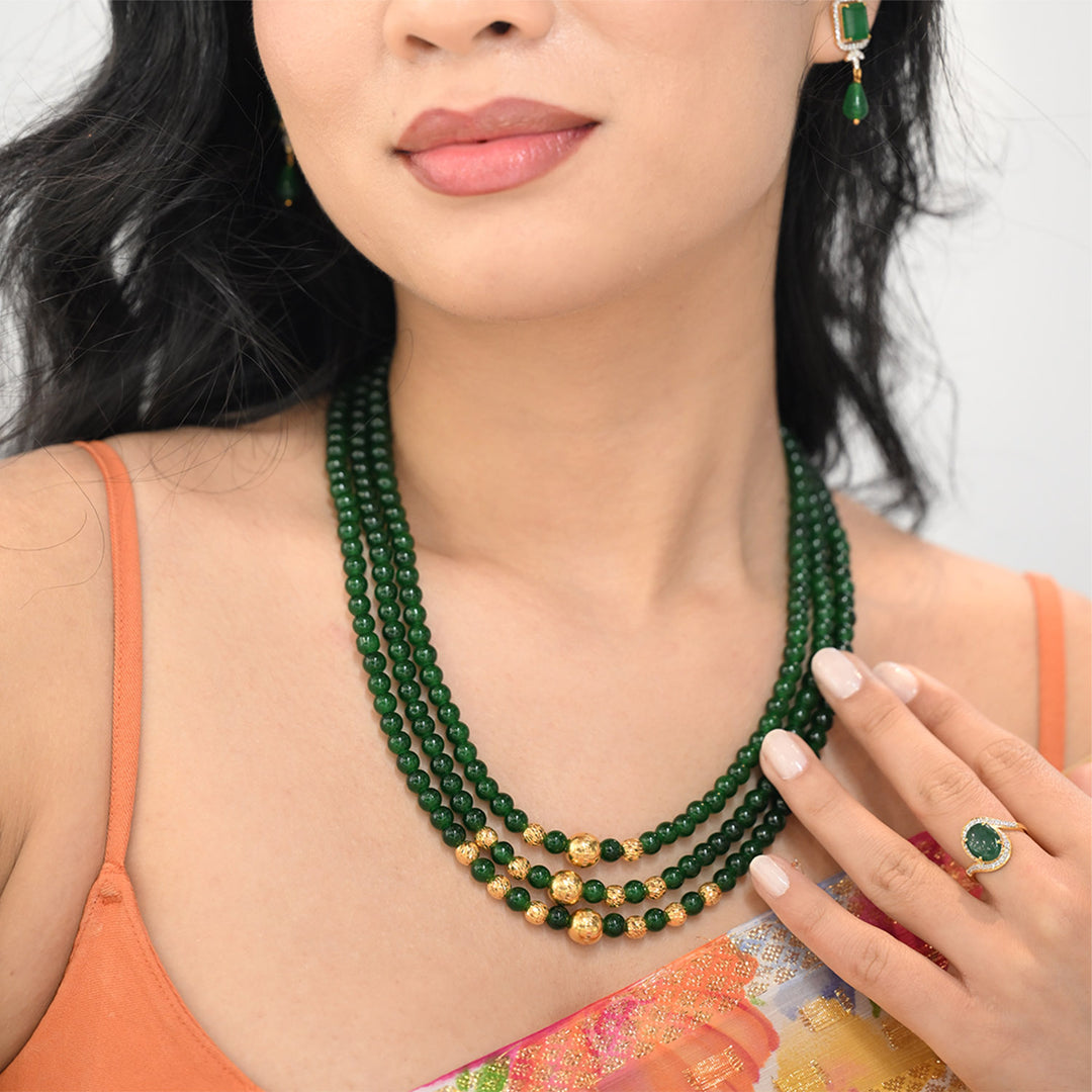 22K YG 3 Layer Green Stone Mala Necklace-1pc