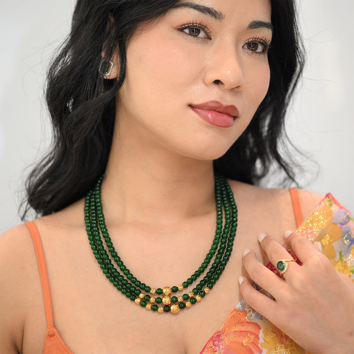 22K YG 3 Layer Green Stone Mala Necklace-1pc