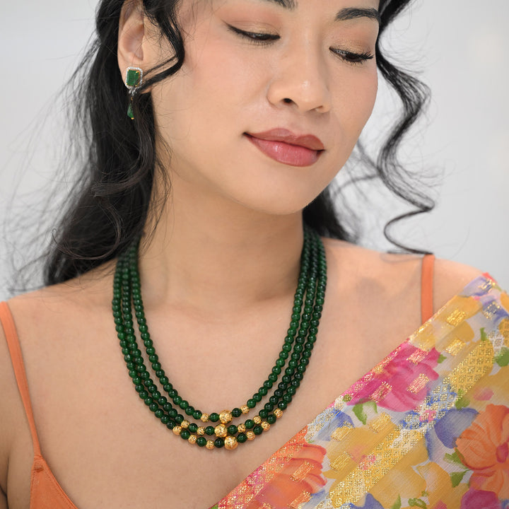 22K YG 3 Layer Green Stone Mala Necklace-1pc