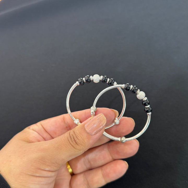 Sterling Silver Kids Adjustable Onyx Bangle-1pair