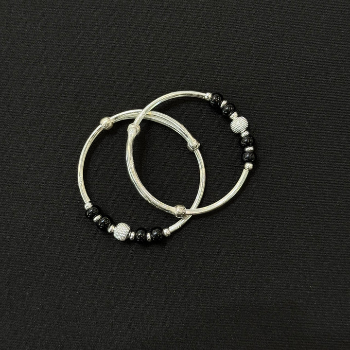 Sterling Silver Kids Adjustable Onyx Bangle-1pair