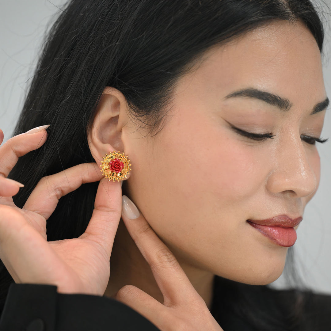 22K YG Simulated Rose Coral Earring-1pair