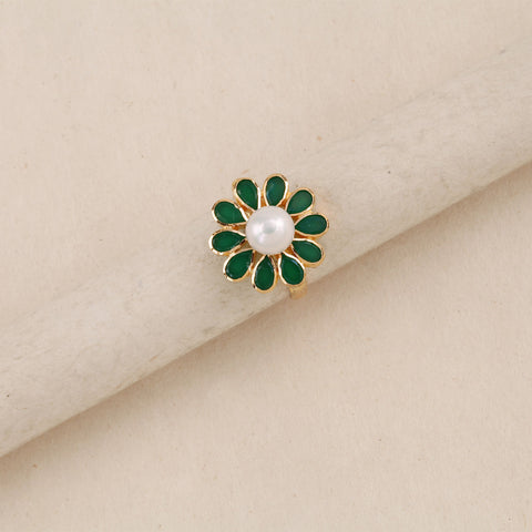 22K YG Flower Green stone with Pearl Ring-1pc