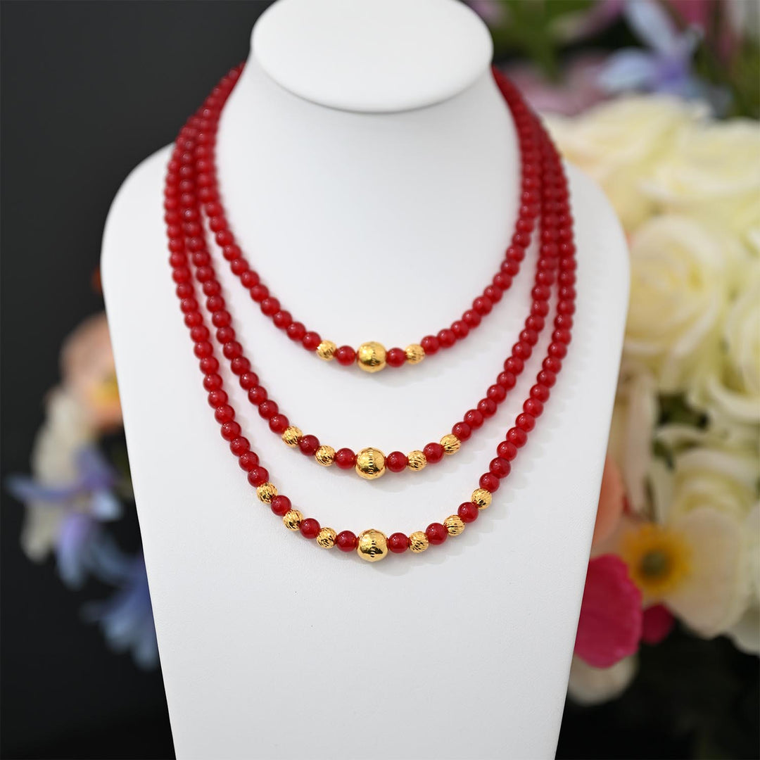 22K YG 3 Layer Red Stone Necklace-1pc