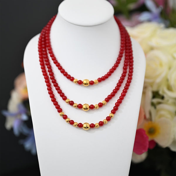 22K YG 3 Layer Red Stone Necklace-1pc