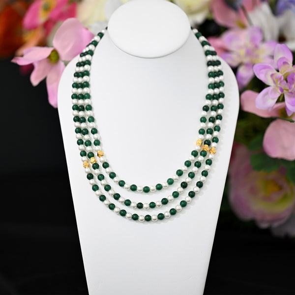 22K YG Green Stone and Synthetic Pearl 3 Layer Necklace-1pc
